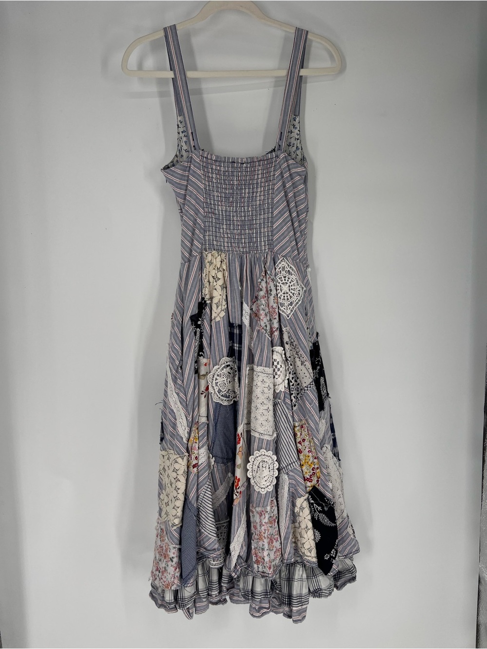 Pilcro Patchwork Upcycled Striped Sleeveless Ruffle Bohemian Prairie Midi Dress - Picture 7 of 9